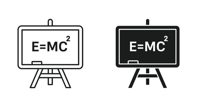 Blackboard with E=MC&sup2; equation on easel in simple line art and filled styles