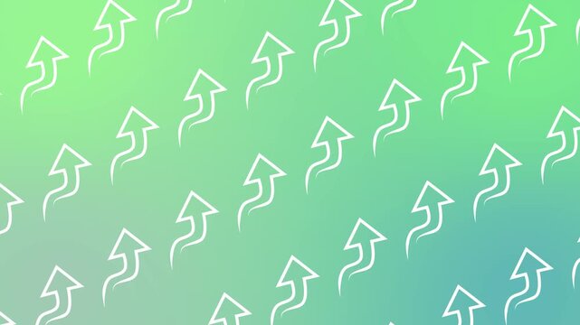 Seamless pattern with white rising arrow icons on a green gradient background animation. Abstract financial growth wallpaper with repeating upward trend performance symbols for business progress.