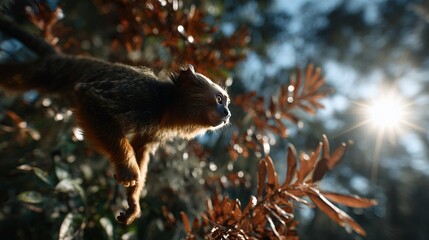 Fototapeta premium golden headed lion tamarin leaps through branches