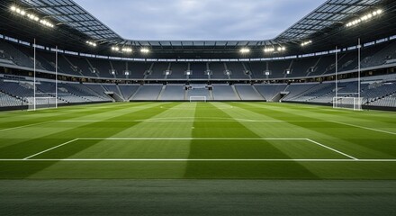 Empty football stadium green field day time overhead lighting perspective