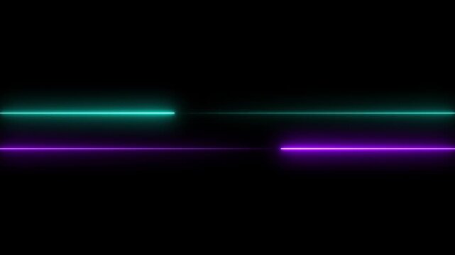 Two Parallel Horizontal Neon Light Lines Cyan and Purple with Glow on animated Black Background,neon color neon laser line on a black background horizontal neon lines streaming across on the screen.