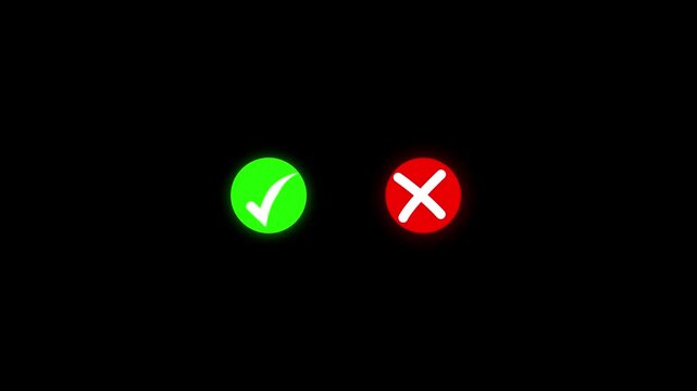 Glowing Green Check Mark and Red Cross Symbols Against animated Black Background correct, Green check mark and red cross mark symbols in a glowing neon style. Green and red symbol on black background.