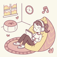 Young woman in headphones relaxes on a cozy bean bag chair, enjoying music or a podcast in a comfortable home setting.