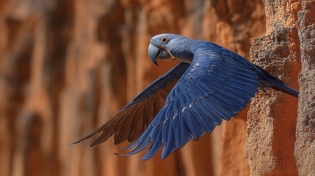a lears macaw flies past a cliff face