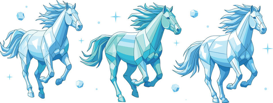 Blue Low Poly Running Horse Set Geometric Polygonal Equine with Crystal Style Galloping Motion Vector Illustration Collection