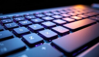 Close-Up of Modern Computer Keyboard with Colorful Backlighting for Technology and Work Environment