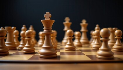 Wooden Chess Pieces on Board with Dark Background and Focused King Piece at Center of the Composition