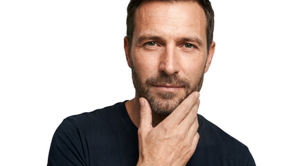 Fototapeta premium A man with an intense gaze touches his chin and smiles in a secluded place, isolated 