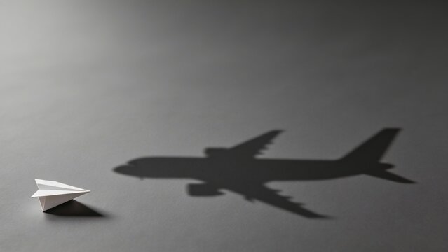 Dark grey minimal background with paper plane casting jet airplane shadow