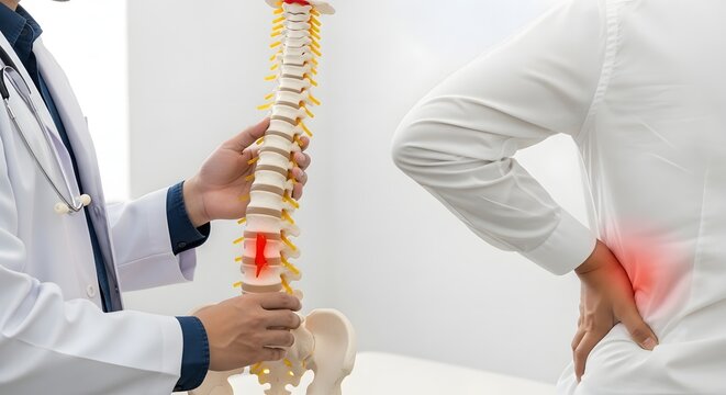 Doctor explaining spinal anatomy to patient with lower back pain
