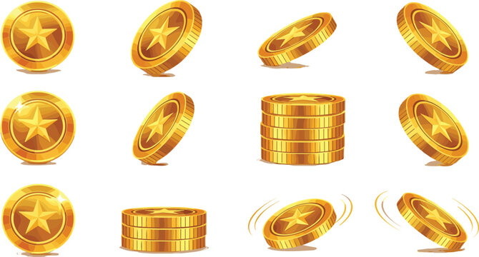 Gold Coin Rotation and Stack Animation Set with Star Emblem Shiny Game Currency Money Vector Illustration Collection