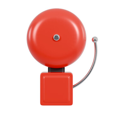 Fire alarm bell red wall-mounted emergency alert device with pull cable and square base, centered vertical composition, straight front view, isolated, for safety and warning concepts.