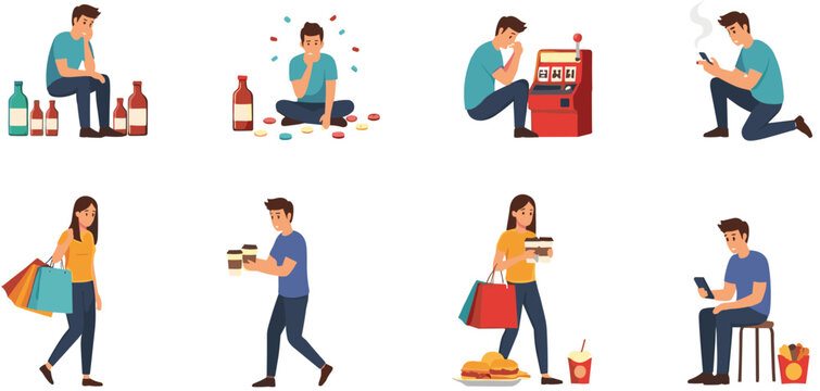 Addiction and Bad Habits Vector Set Showing Alcohol Abuse, Gambling, Smoking, Shopping Addiction, Fast Food Overeating, and Mobile Phone Dependency