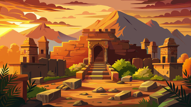 Very beautiful ancient ruins of Bhangarh Fort in Rajasthan, stone gateways and crumbling walls glowing under warm sunset light.