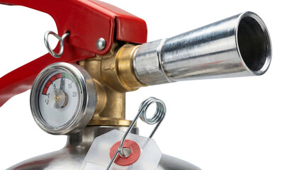 Fire extinguisher close-up showing nozzle and pressure gauge, isolated  
