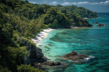 Fototapeta premium Paradise Beach: A breathtaking vista unfolds, showcasing a pristine beach nestled against a vibrant turquoise ocean, embraced by lush, verdant rainforest.