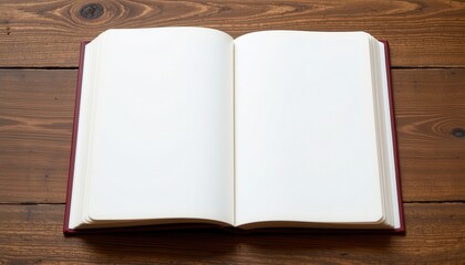 Fototapeta premium Open Blank Book on Wooden Table Ready for Writing or Sketching Ideas in a Cozy Environment