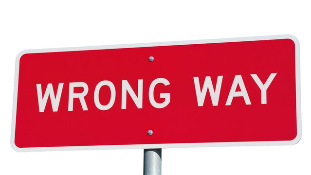 Red traffic sign indicating wrong way direction, isolated 