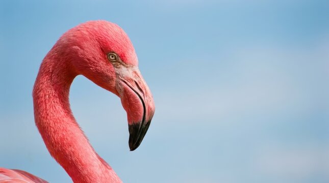 Close up profile of a vibrant pink flamingo's head and elegant S shaped neck against a clear blue sky