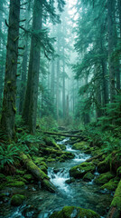 Fototapeta premium A lush Western forest landscape in cool teal-green tones, panoramic wide view, dense evergreen trees, misty air, clear streams and mossy rocks, soft diffused daylight, calm and refreshing atmosphere
