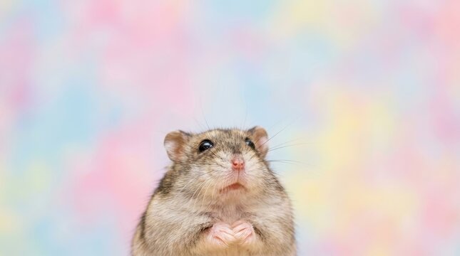 Close up of a cute Dzungarian hamster looking upwards with its paws together against a soft pastel background