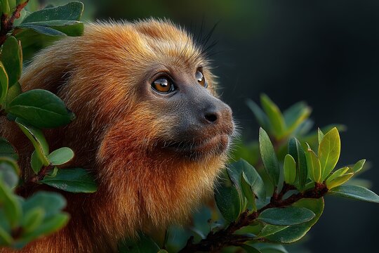 lion tamarin peeks through green foliage