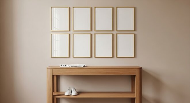 A room with a wooden shelf and eight white framed pictures on the wall above it