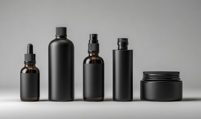 Elegant Skincare Ensemble: A sophisticated collection of skincare products arranged to showcase their sleek design and premium quality, ideal for beauty, wellness, and self-care concepts. 