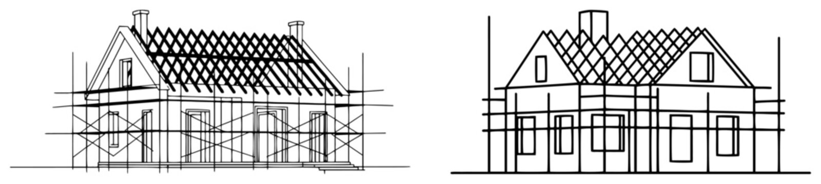 Technical architectural sketch of houses under construction with scaffolding and roof frames