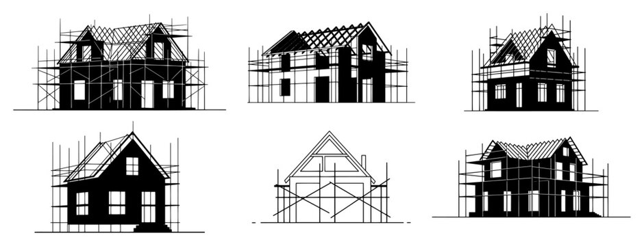 Set of residential house silhouettes under construction with scaffolding on white background