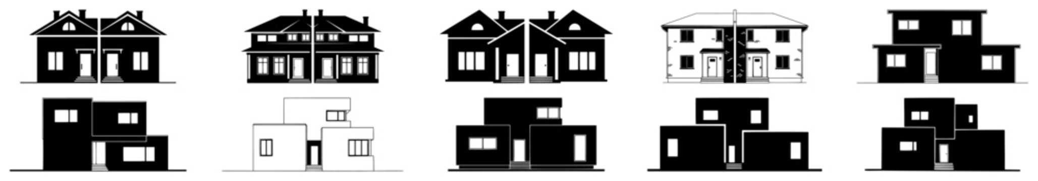 Collection of semi detached houses and contemporary villa silhouettes for real estate design