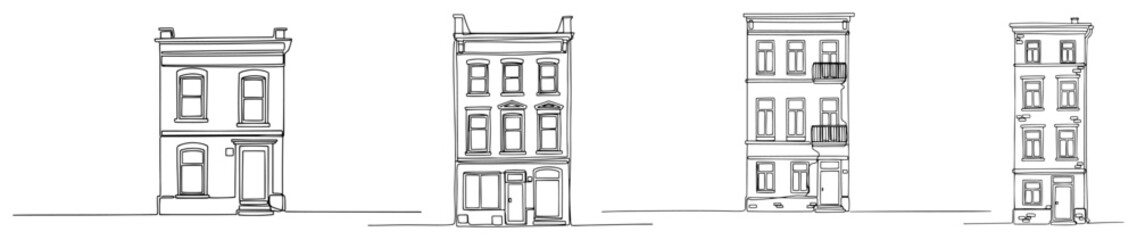 Set of traditional narrow townhouse facades in minimalist black and white line art style © Wieslaw