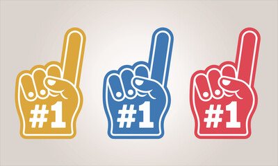 Fototapeta premium Collection of three brightly colored foam fan fingers—gold, blue, and red—proudly displaying the number one sign for sports victory and achievement.
