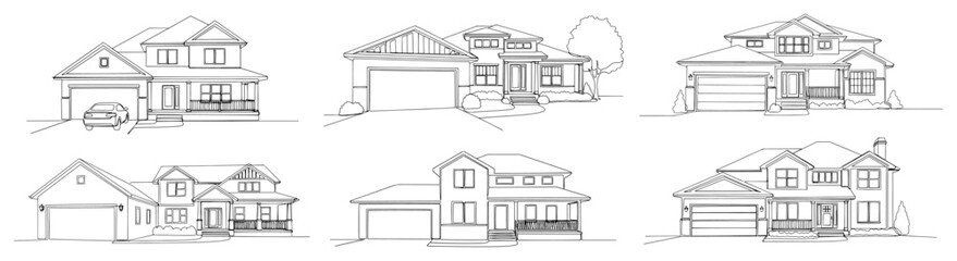 Six different sketches of suburban family houses in architectural line art style © Wieslaw