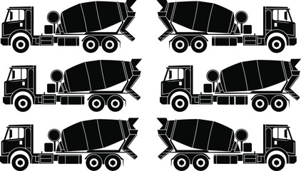 Cement mixer truck silhouettes collection, heavy construction transport vehicles for building industry, delivery equipment set, engineering infrastructure and contractor concept © MstRokshana