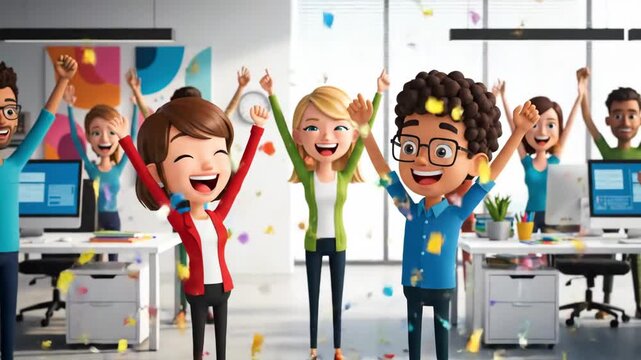 Animated Office Scene Laughing Colleagues High Fives in Bright Open Workspace