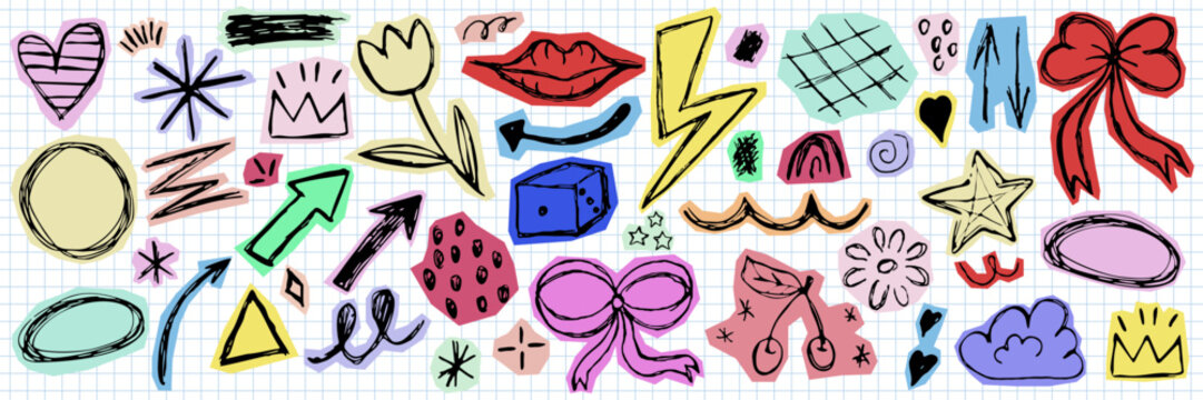 Colorful Hand Drawn Doodle Set.  Cute Y2K Scrapbook Elements, Arrows, Bows, Hearts, Lightning, Stars