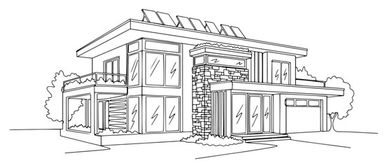 Naklejka premium Luxury modern villa with large windows and solar panels in continuous line drawing