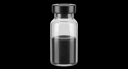 Glass Vial with Dark Liquid in Studio Lighting on Black Background for Medical or Cosmetic Use