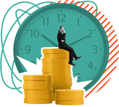 Businessman in suit sitting on stacked gold coins in front of a large green clock, creative collage style on white background, concept of time and money