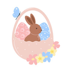 Easter Greeting Design element with chocolate bunny and decorated Easter Eggs in basket and nature. Isolated Vector illustration Sticker Easter Thematic Poster Media post or Promo banner, leaflet, tag
