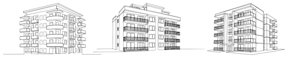 Obraz premium Modern apartment building architectural designs featuring balconies in minimalist line art style