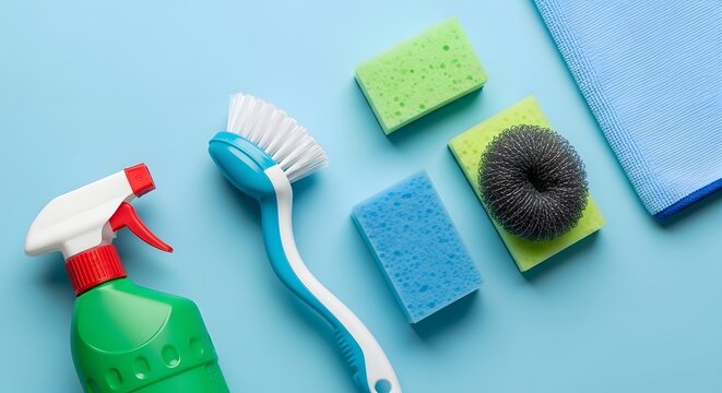 An assortment of cleaning supplies arranged on a blue background