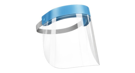 Clear face shield with blue headband in studio lighting on white background for medical supply