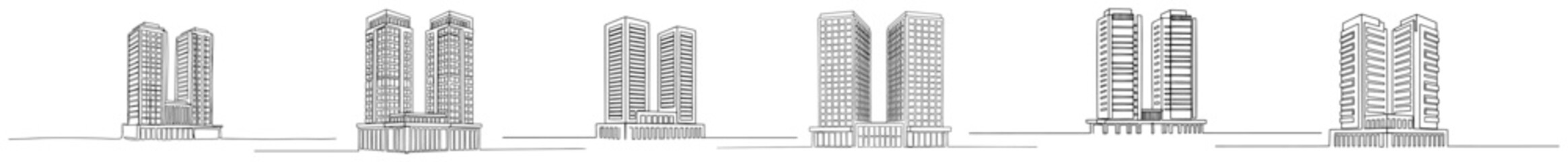 Fototapeta premium Collection of modern skyscraper twin tower sketches in minimalist architectural line art style