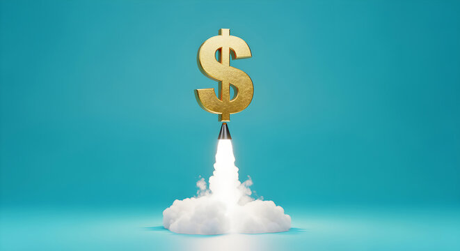 A gold dollar sign rocket launching into a bright blue sky with white clouds and smoke
