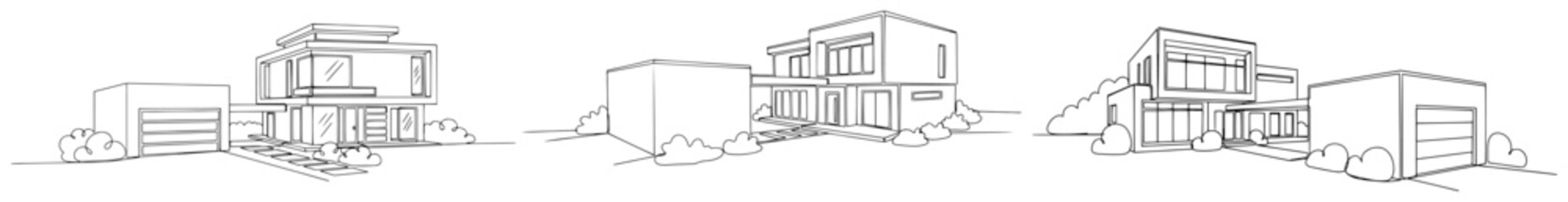 Fototapeta premium Modern residential house with garage and garden path in minimalist continuous line style