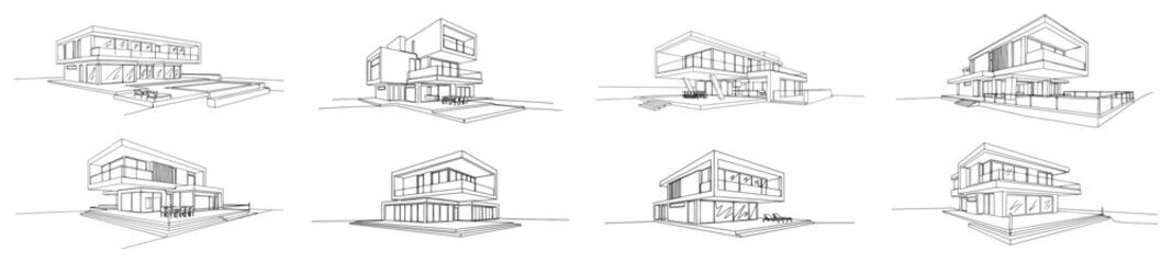 Set of modern minimalist house architecture sketches in linear perspective style