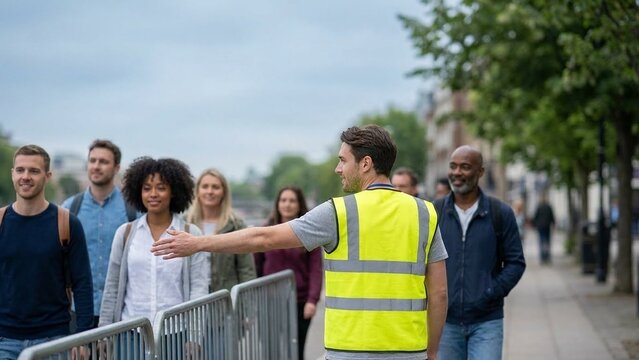 Event staff in hi vis vest guiding a diverse crowd along metal barriers on a city street, public safety and crowd control, calm organized mood for festival season