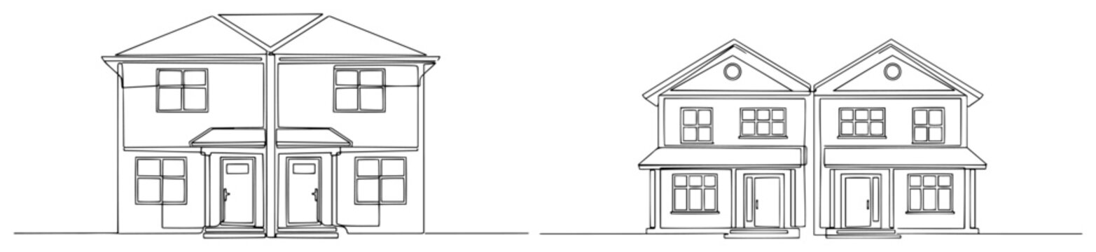 Modern duplex residential building facades in clean architectural line art illustration